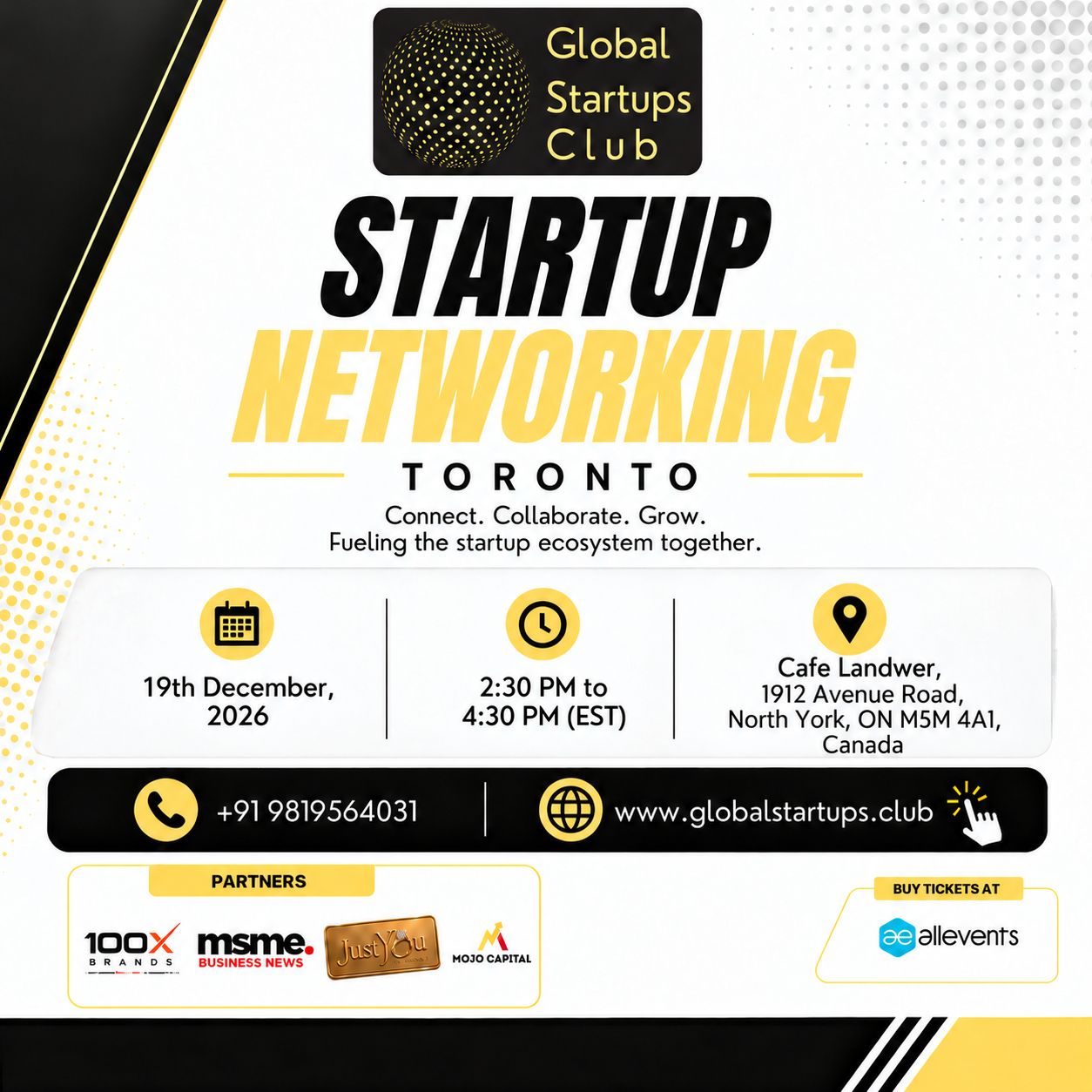 Global Startups Club Toronto Startup Networking square flyer for 19 December 2026